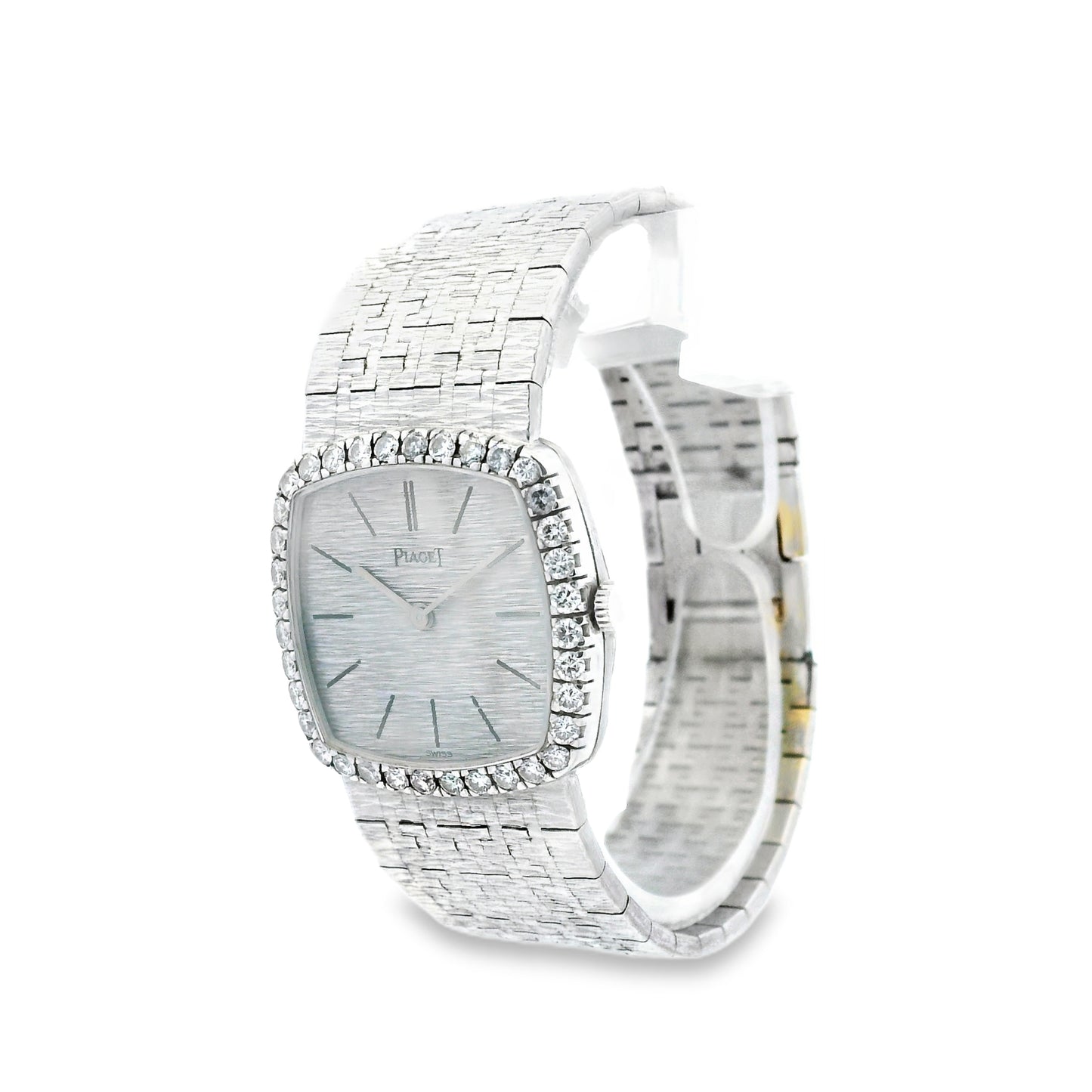 Piaget 9236 A6 18k White Gold Diamond Bezel 23mm Silver Dial Ladies Watch — caseback view