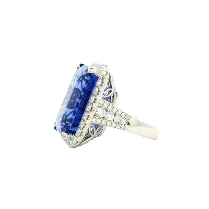 18k White Gold 34.72ct Emerald Cut Tanzanite and 2.26ctw Diamond Halo Cocktail Ring — underside view