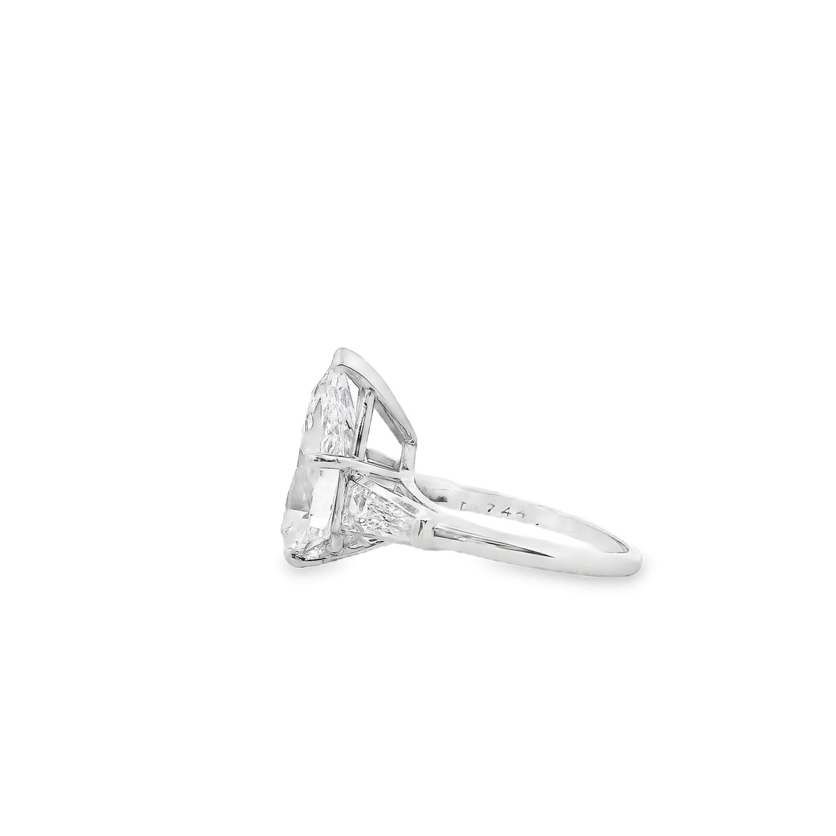 Platinum 4.69ct GIA Pear Cut Diamond Tapered Baguette Three-Stone Engagement Ring — underside view