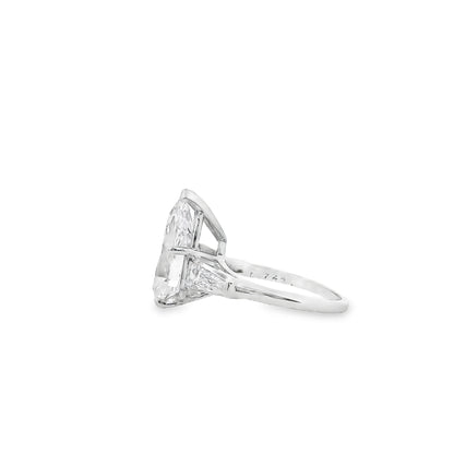 Platinum 4.69ct GIA Pear Cut Diamond Tapered Baguette Three-Stone Engagement Ring — underside view