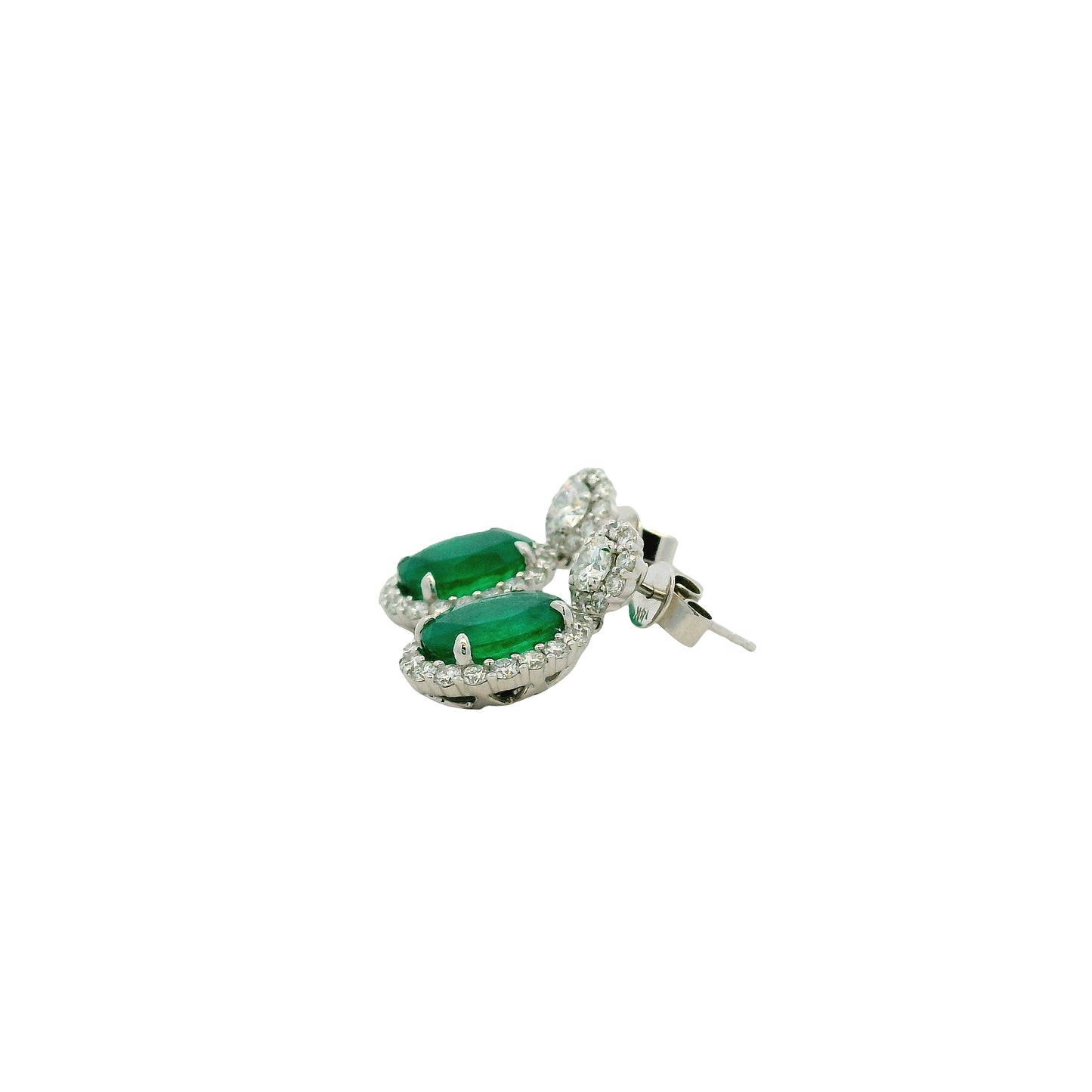 14k White Gold 5.21ctw GIA Certified Natural Green Emerald and Diamond Dangle Earrings — reverse showing the back