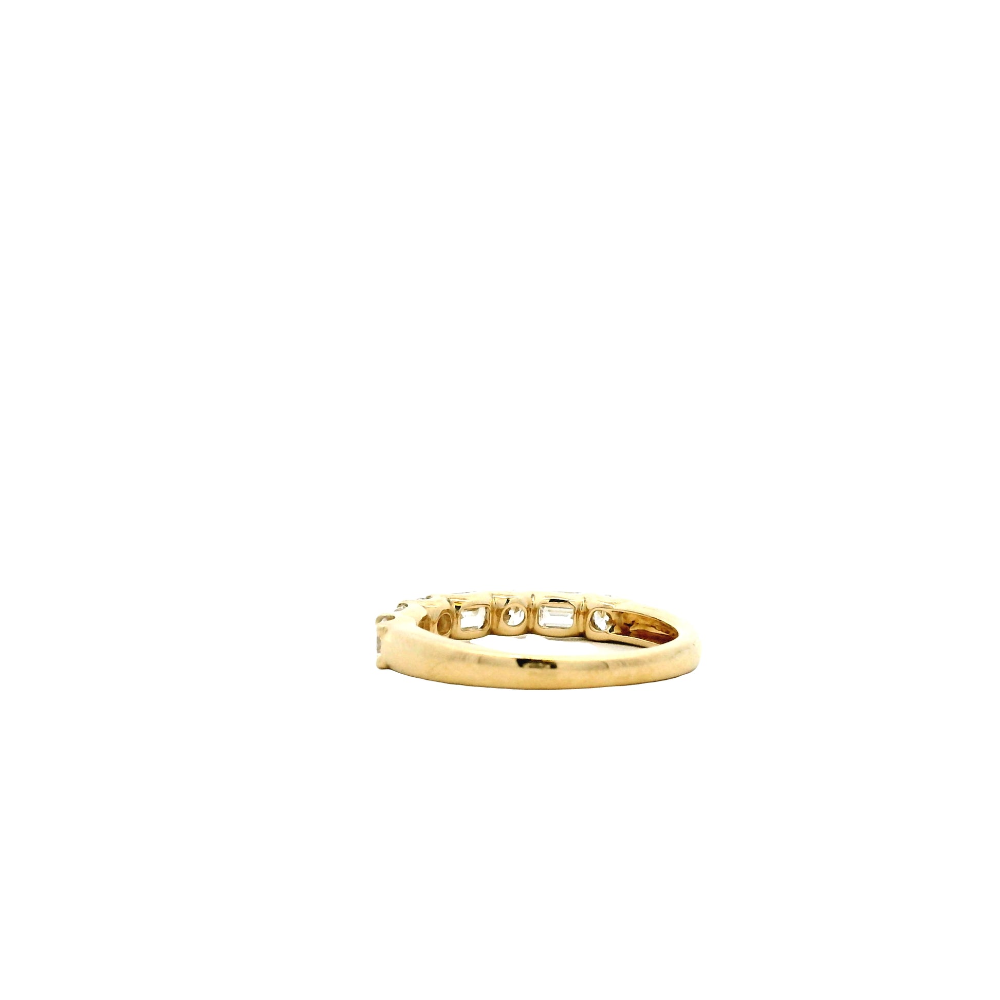 14k Yellow Gold 0.80ct Emerald Cut and 0.50ctw Round Brilliant Diamond Halfway Band Ring — underside view