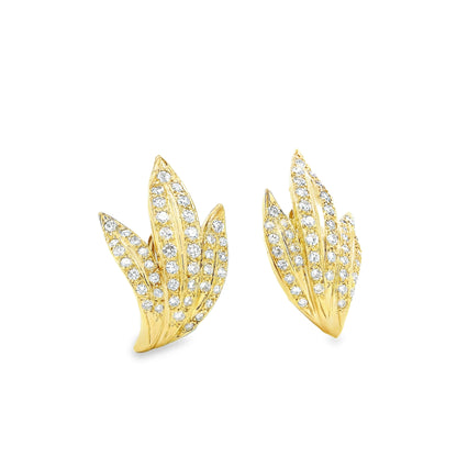 18k Yellow Gold 2.50ctw Round Brilliant Diamond Pavé Leaf Motif Earrings — reverse showing the back