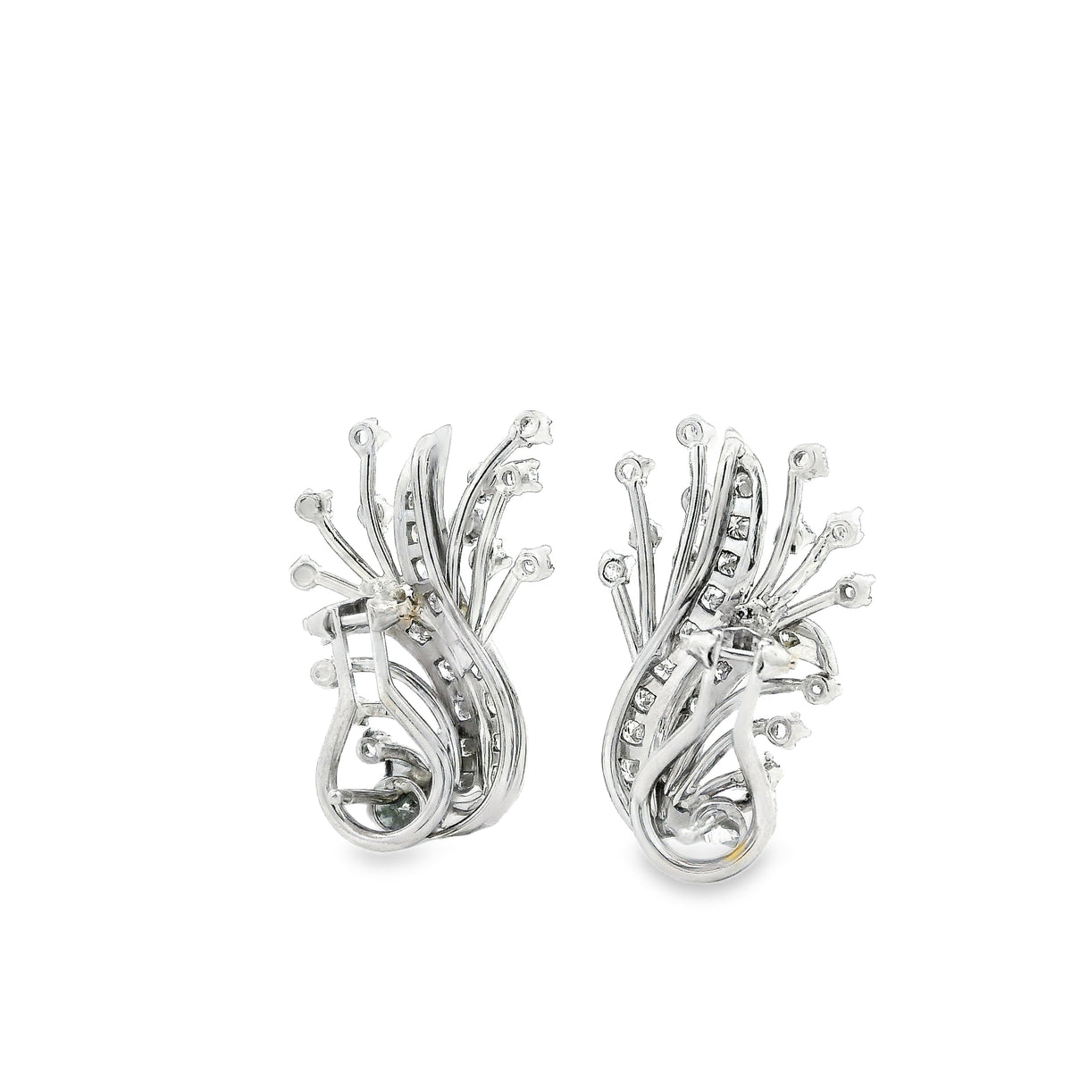 14k White Gold 2.5ctw Round Brilliant Diamond Floral Cluster Earrings — reverse showing the back