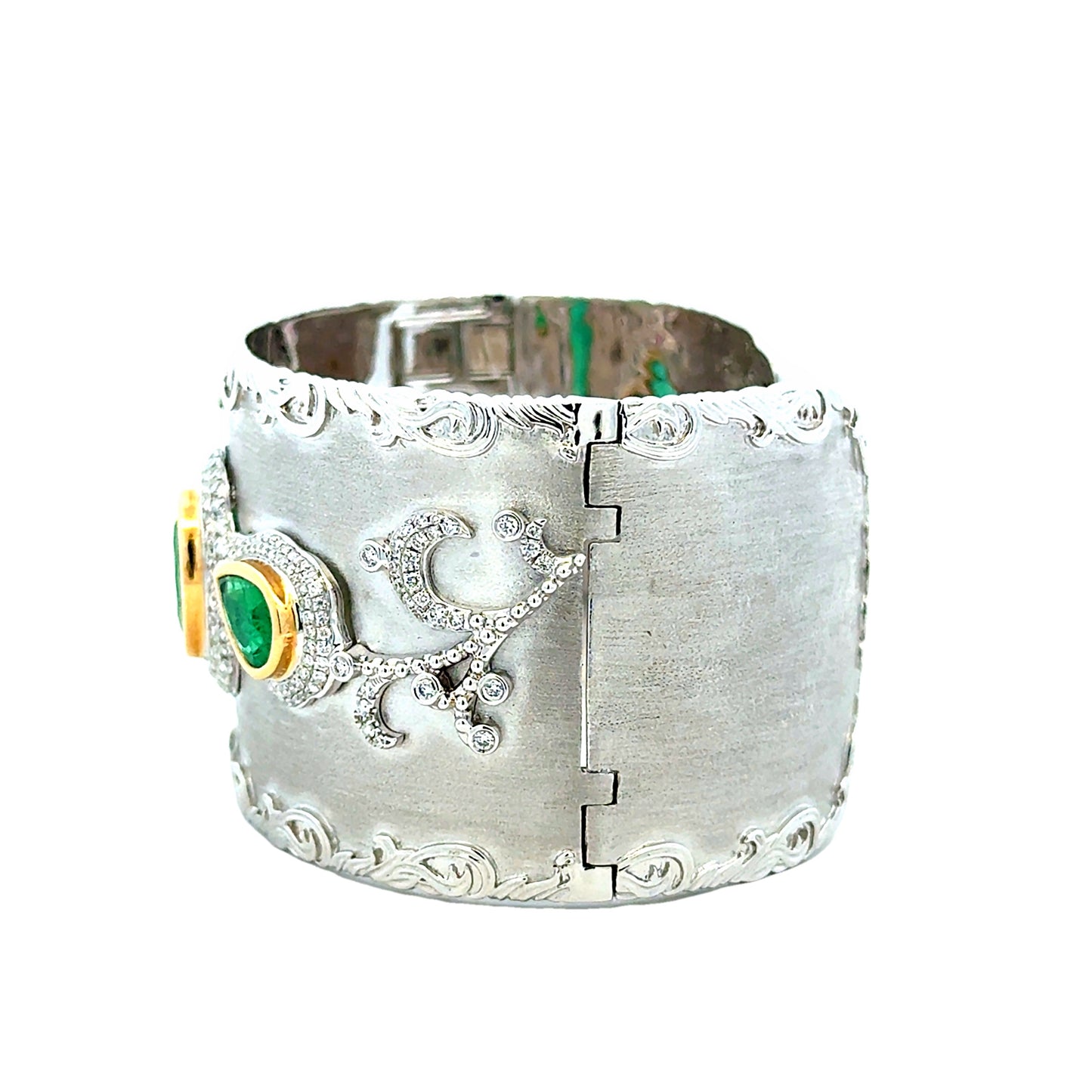 18k White Gold GIA Certified 6.72ct in Three Natural Emeralds and 1.98ctw Round Diamonds Hinged Cuff Bangle… — reverse view