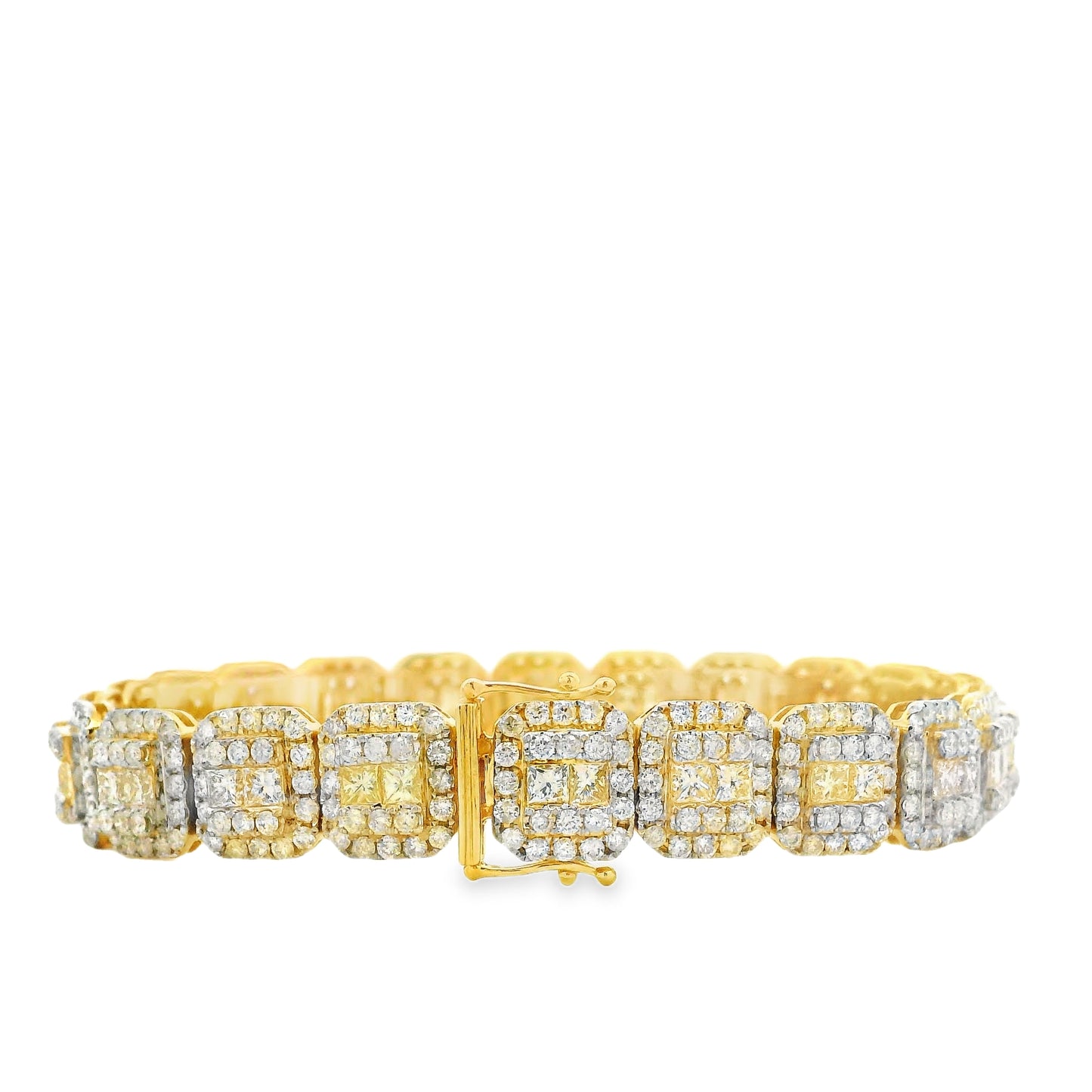 14k Yellow Gold 14.58ctw Princess Cut and Round Brilliant Diamond Cluster Tennis Bracelet — reverse view