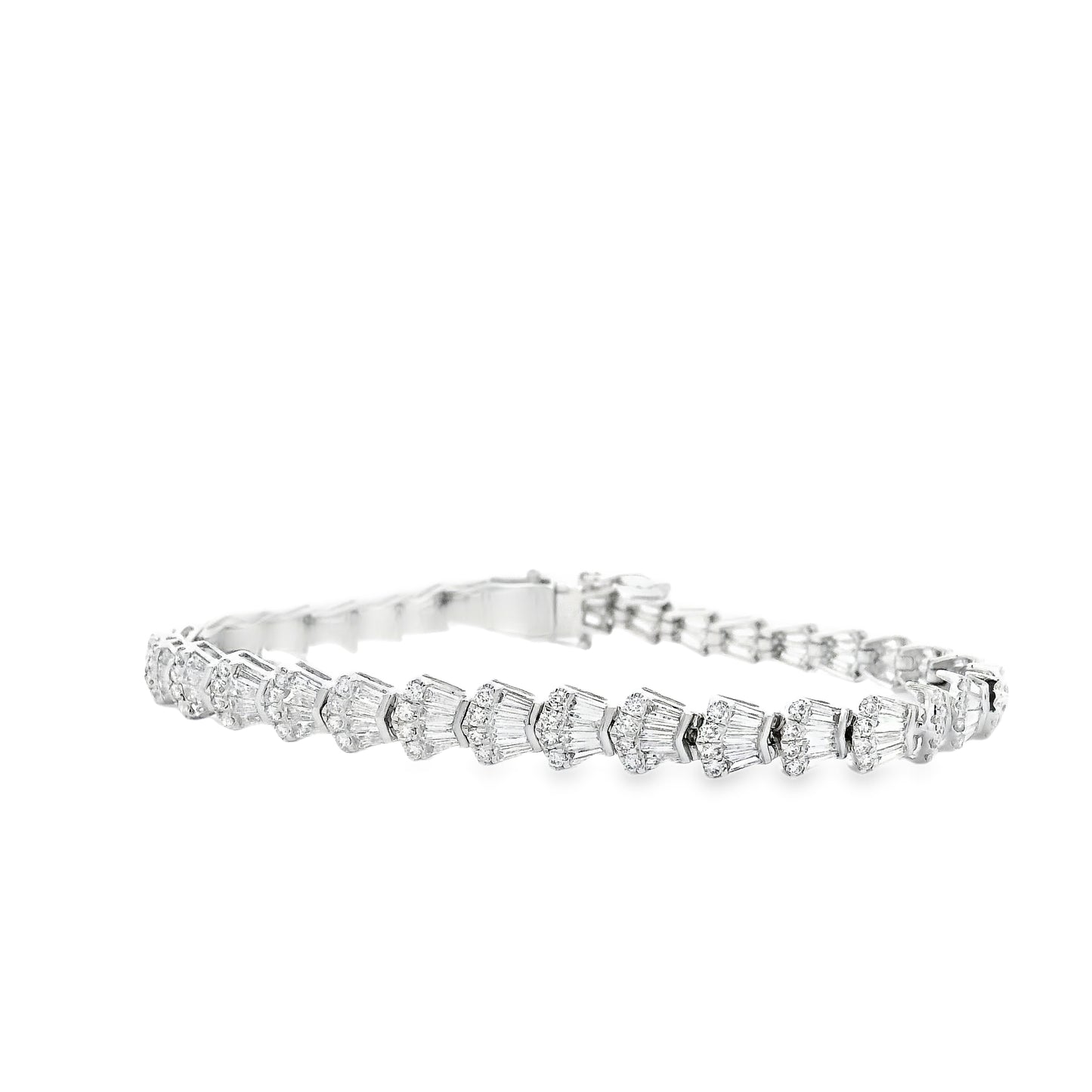 14k White Gold 5.05ctw Baguette Cut and Round Diamond Tennis Bracelet — reverse view