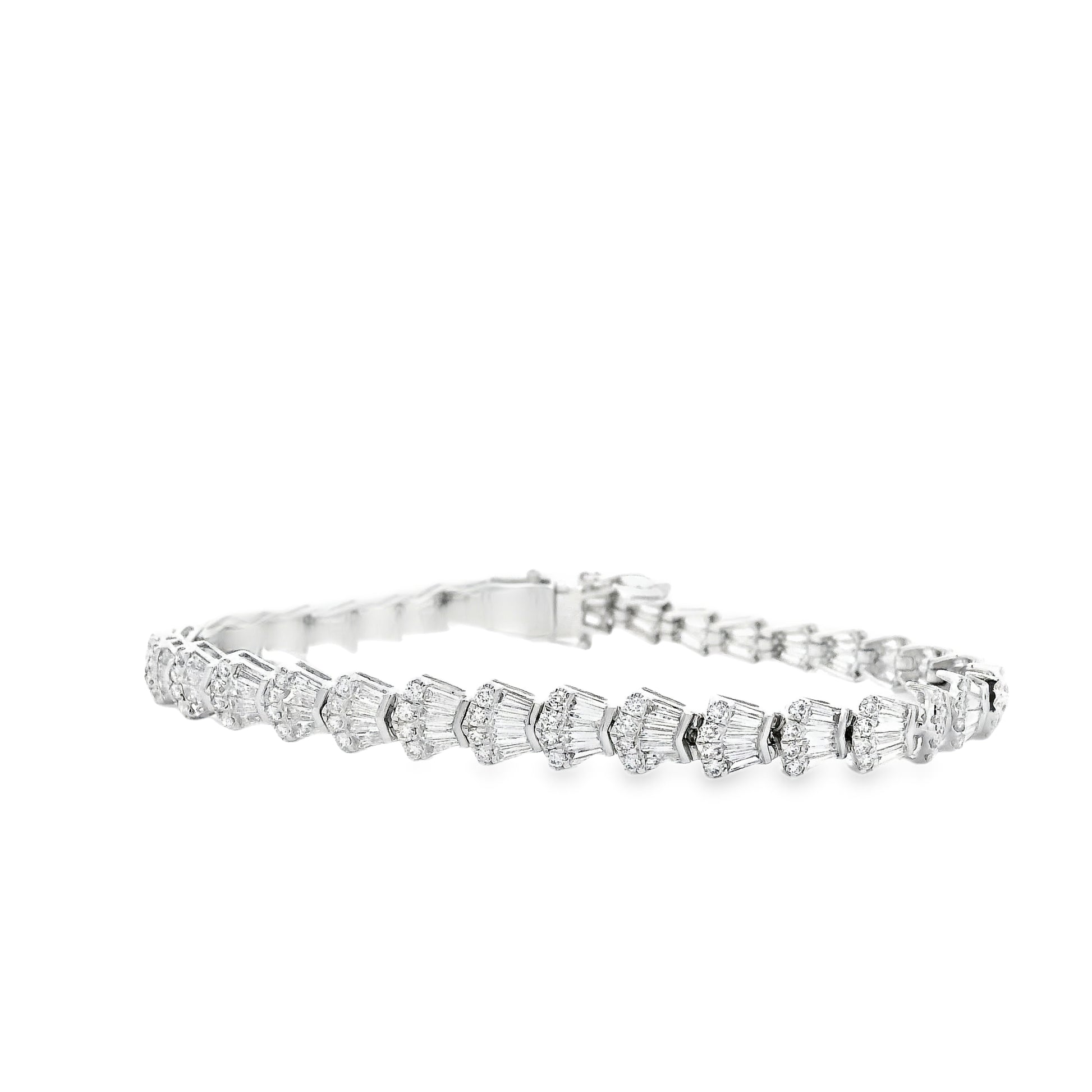 14k White Gold 5.05ctw Baguette Cut and Round Diamond Tennis Bracelet — reverse view