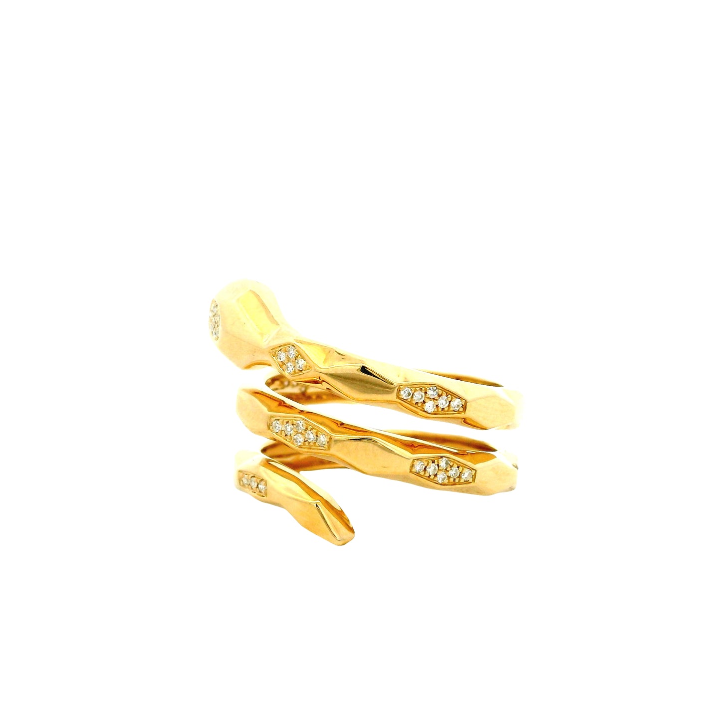 14k Yellow Gold 0.15ct Round Brilliant Diamond and 0.07ct Emerald Cut Diamond Snake Wrap Ring — underside view