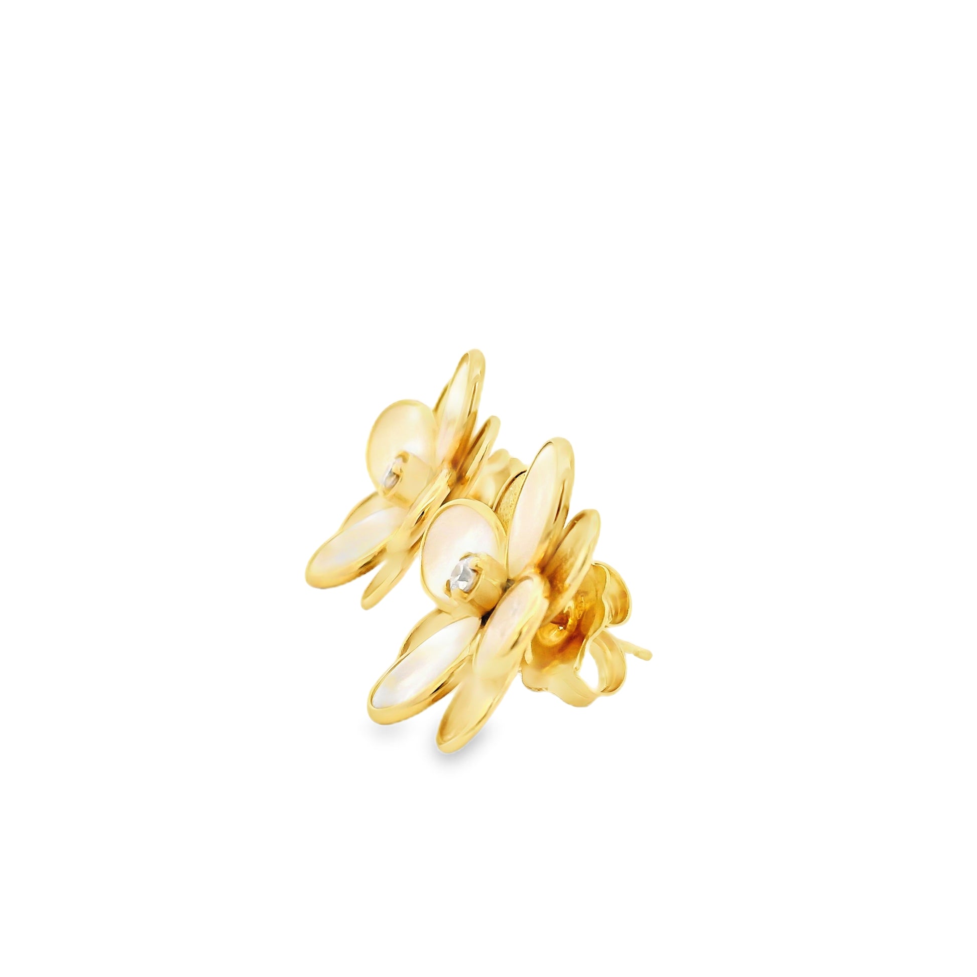 Marco Bicego 18k Yellow Gold 0.60ctw Diamond and Mother of Pearl Petali Flower Stud Earrings — reverse showing the back
