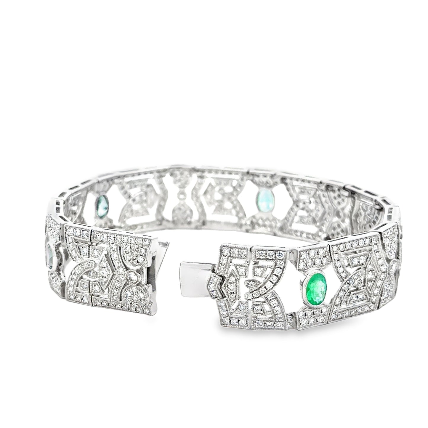 18k White Gold 4.47ctw Diamond Pavé and 0.83ct Emerald Art Deco Bracelet — reverse view