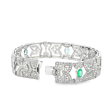 18k White Gold 4.47ctw Diamond Pavé and 0.83ct Emerald Art Deco Bracelet — reverse view