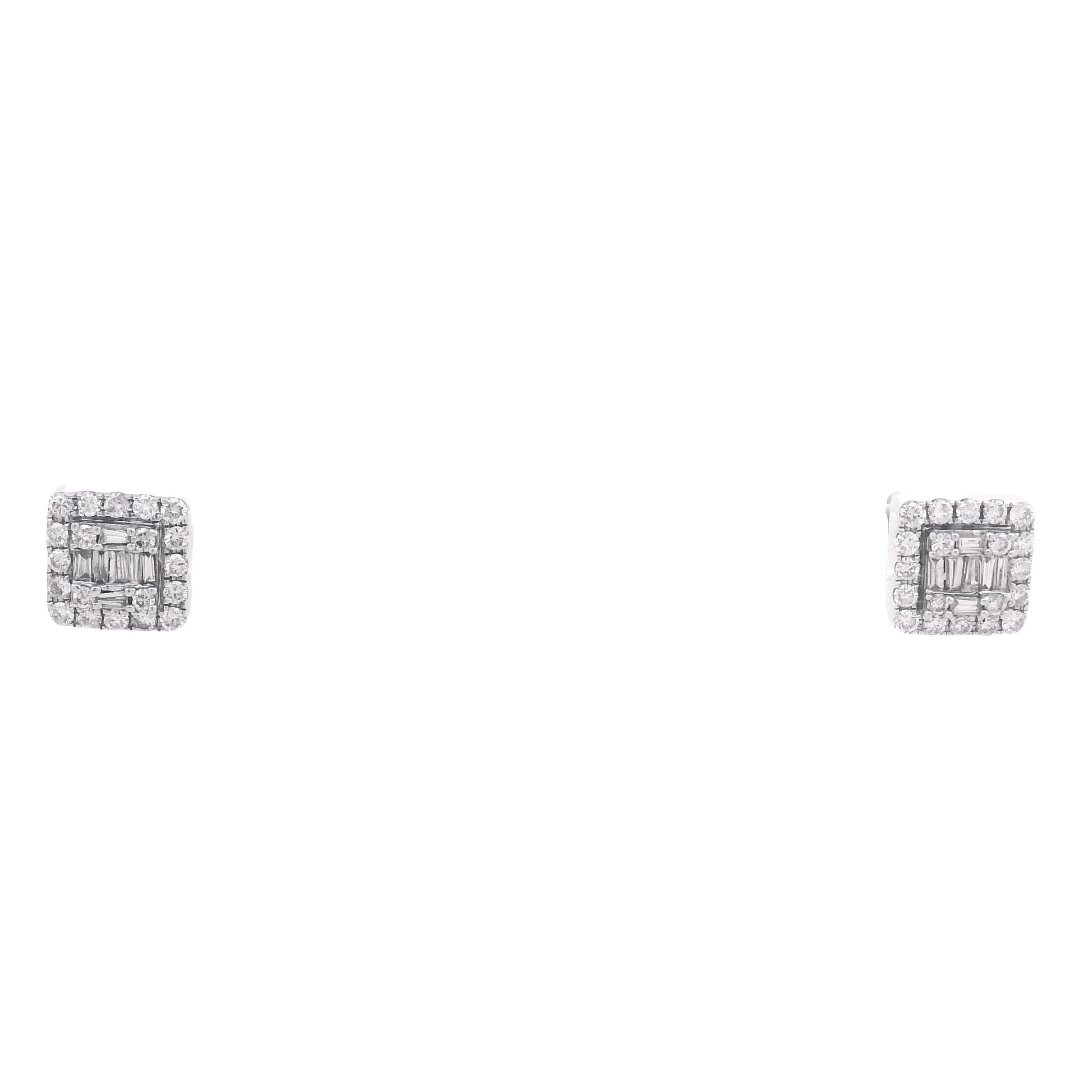 14k White Gold Baguette and Round Diamond Cluster Stud Earrings — caseback view