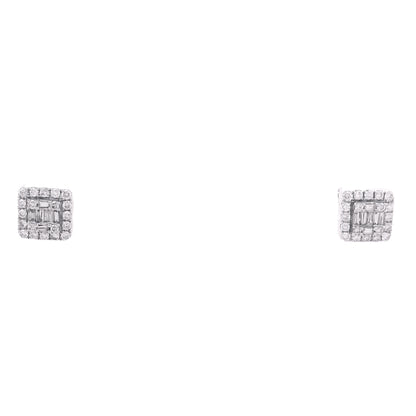 14k White Gold Baguette and Round Diamond Cluster Stud Earrings — caseback view