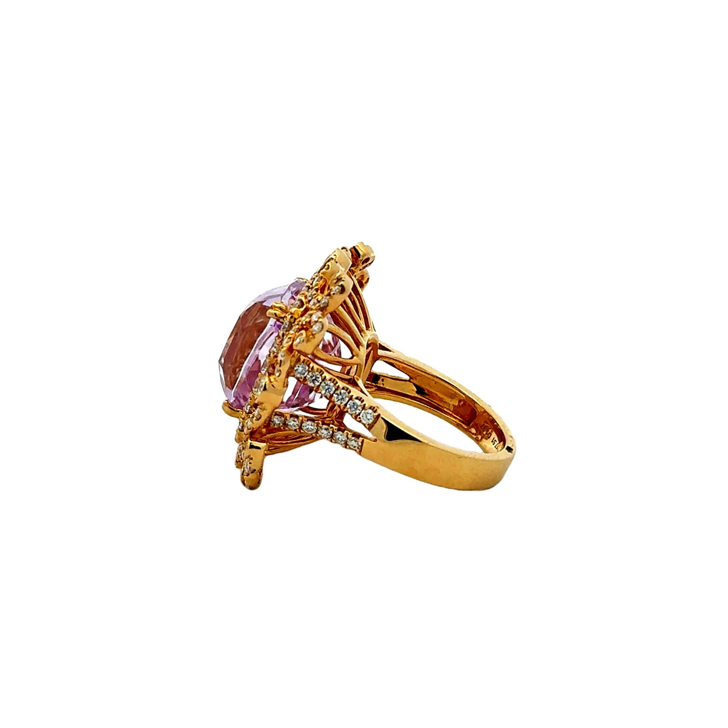 18k Yellow Gold GIA Certified 17.51ct Kunzite and 1.97ctw Diamond Halo Ring — underside view