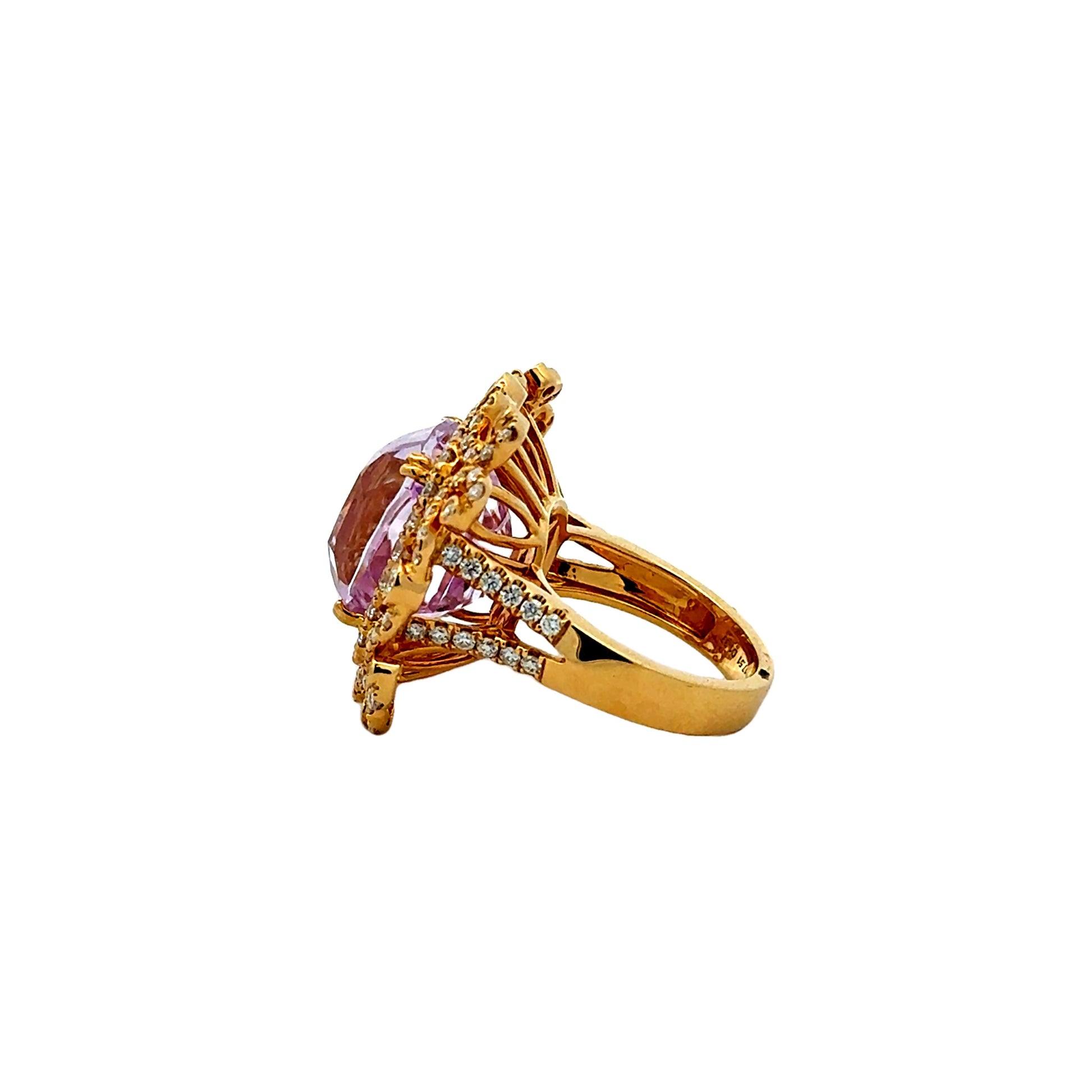 18k Yellow Gold GIA Certified 17.51ct Kunzite and 1.97ctw Diamond Halo Ring — underside view