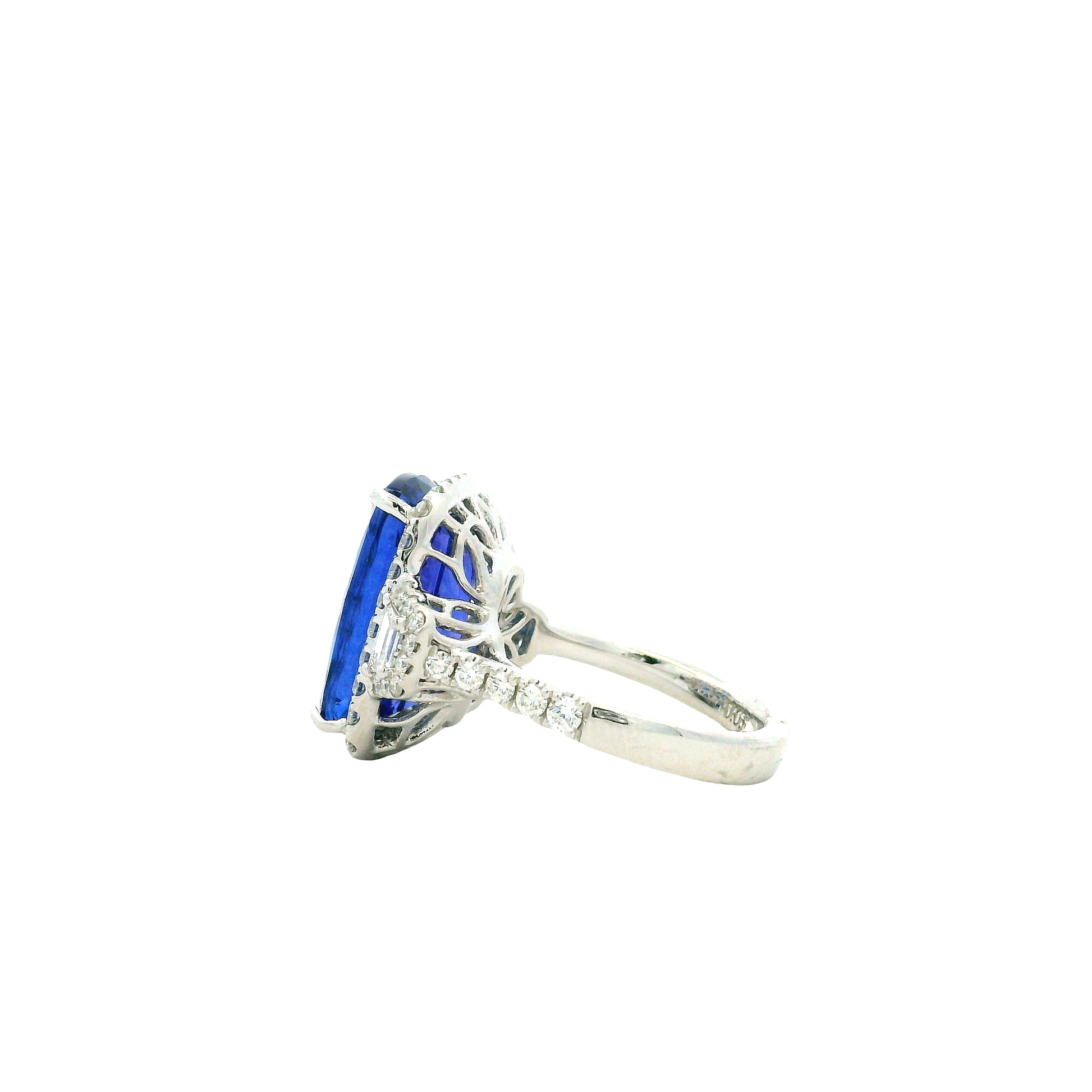 Platinum 9.35ct Cushion Cut Tanzanite and Diamond Halo Cocktail Ring — reverse view