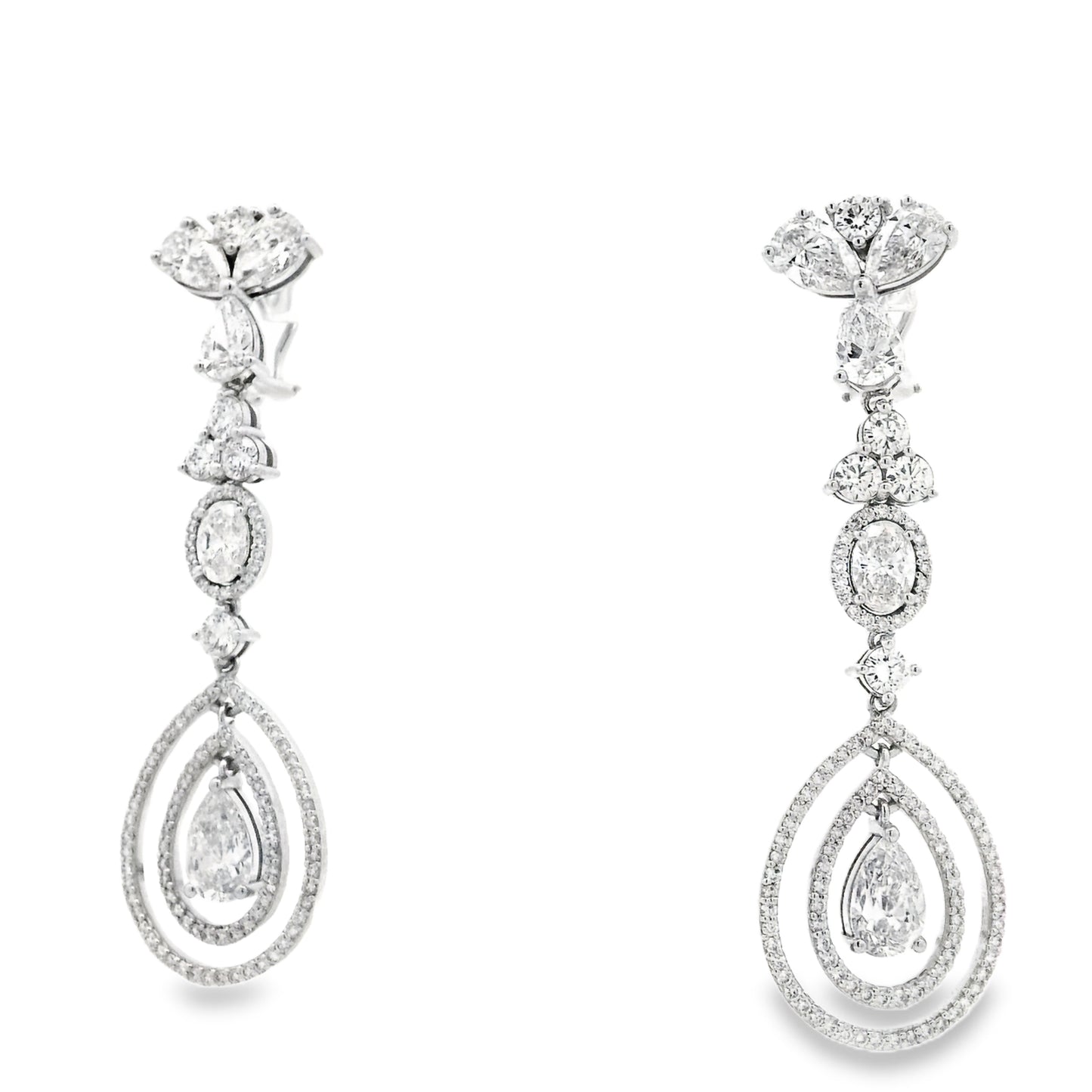18k White Gold 12.68ctw Pear Oval and Round Brilliant Diamond Drop Earrings — underside view