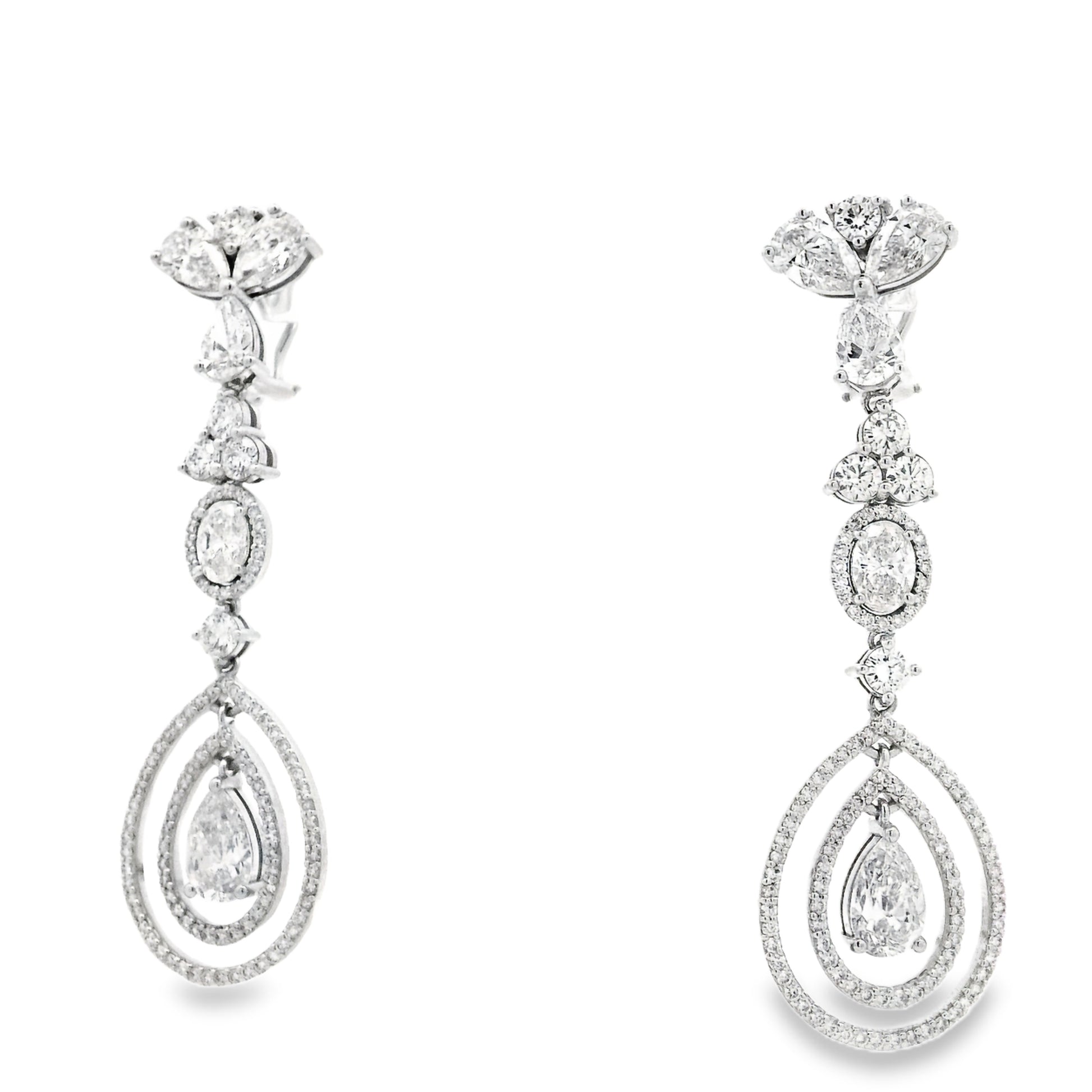 18k White Gold 12.68ctw Pear Oval and Round Brilliant Diamond Drop Earrings — underside view