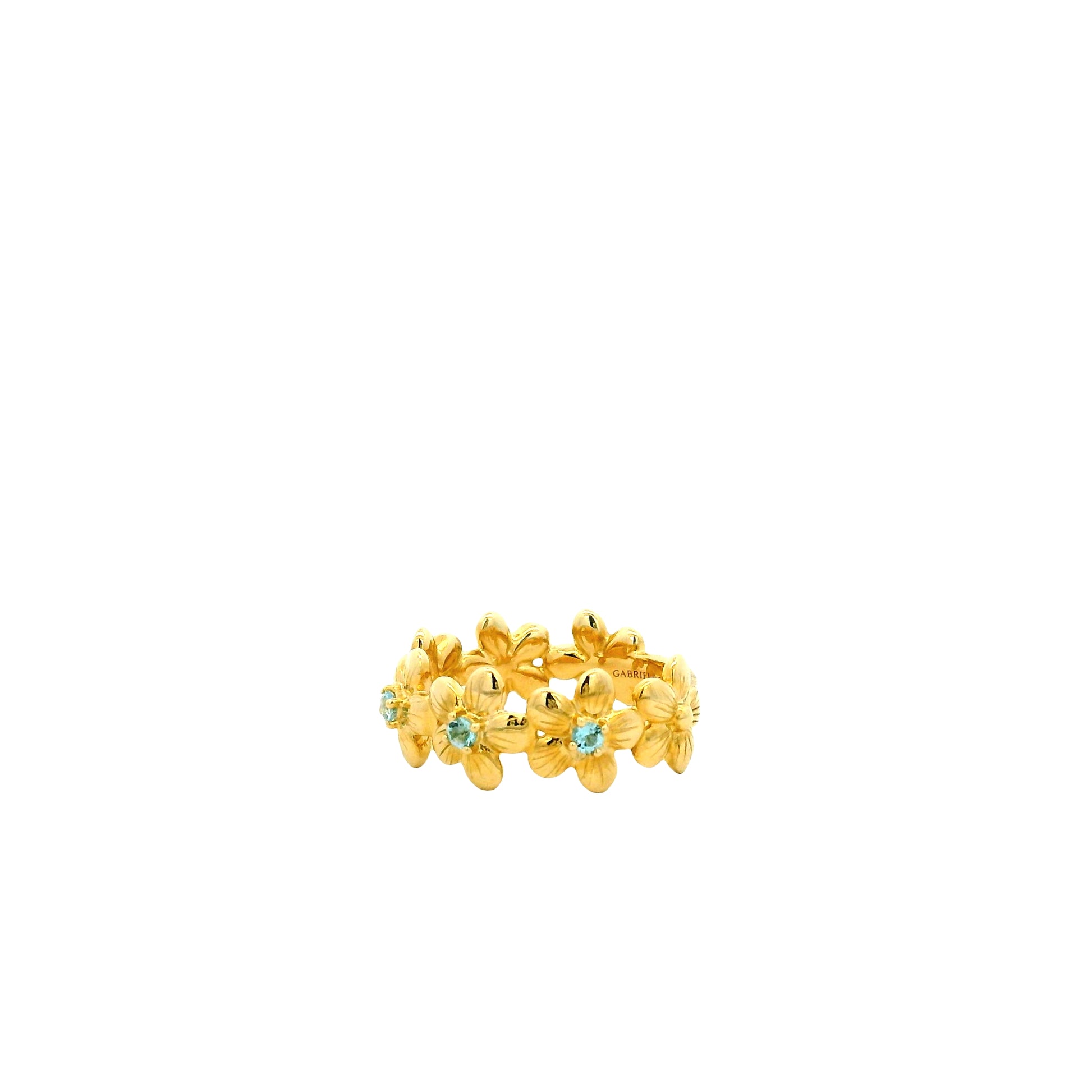 Gabriel and Co. 14k Yellow Gold 0.19ctw Swiss Blue Topaz Floral Stackable Ring — underside view