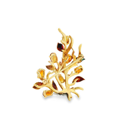 14k Yellow Gold Vintage Orange Gemstone Branch and Leaves Brooch Pin — underside view