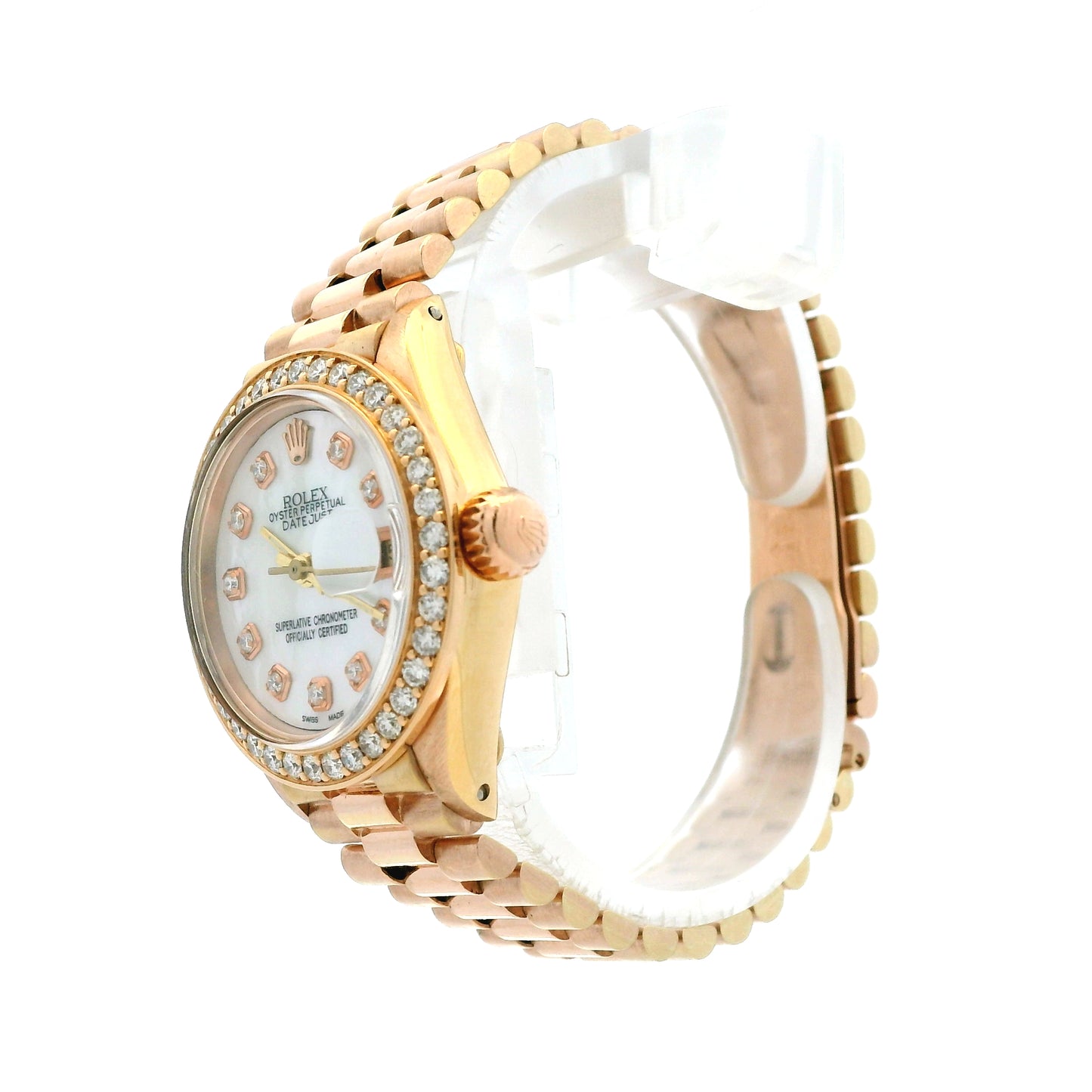 Rolex 6916 Datejust 26mm Mother of Pearl Diamond Dial Rose Gold President Watch — caseback view