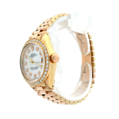Rolex 6916 Datejust 26mm Mother of Pearl Diamond Dial Rose Gold President Watch — caseback view