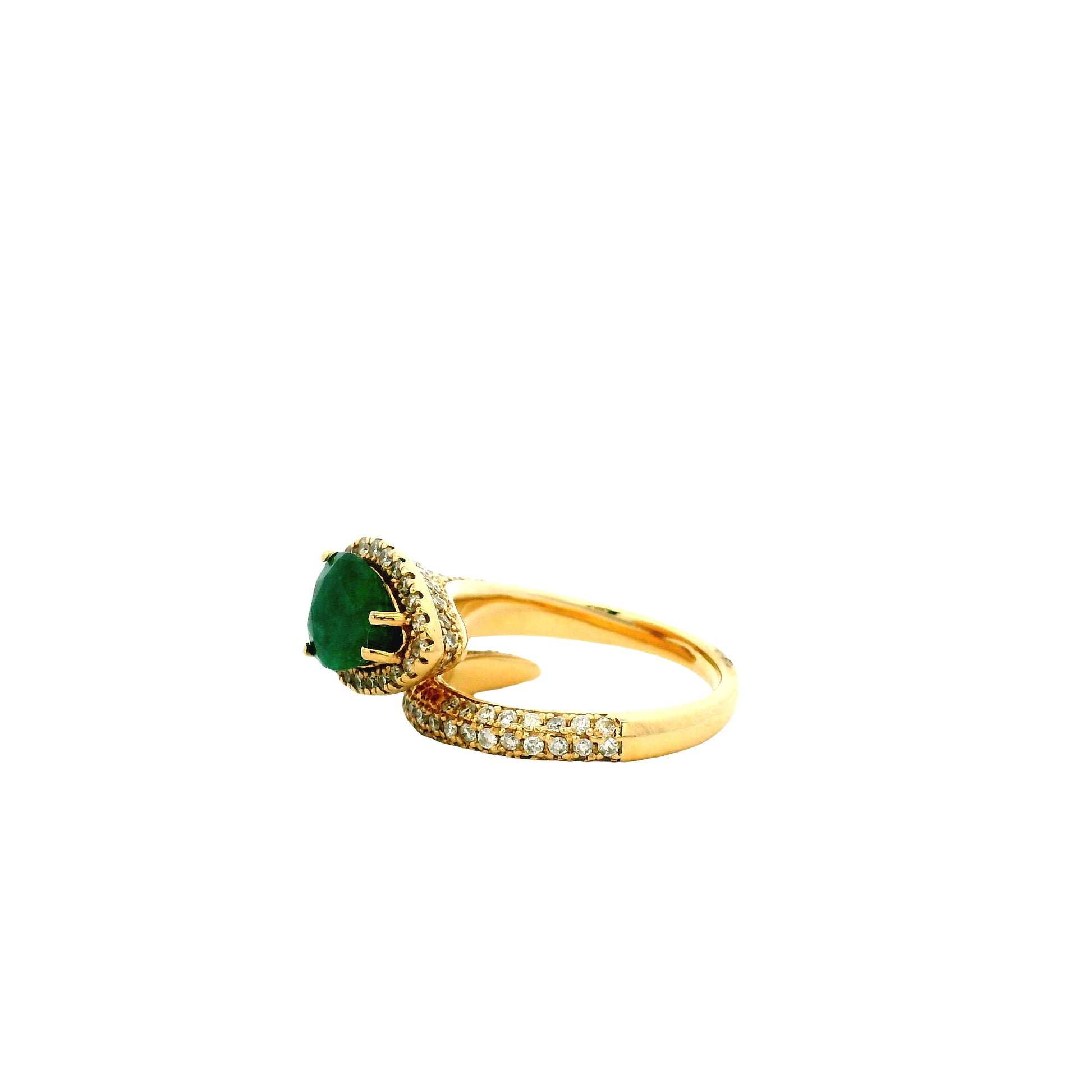 14k Yellow Gold 1.23ct Pear Cut Natural Emerald and 1.15ctw Diamond Halo Pavé Crossover Ring — underside view