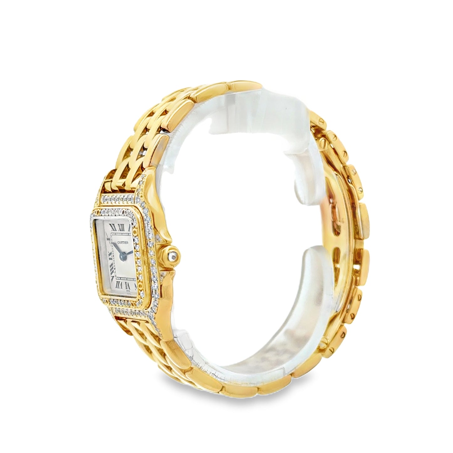 Cartier Mini Panthere 18k Yellow Gold Diamond Bezel Roman Numeral Watch — caseback view