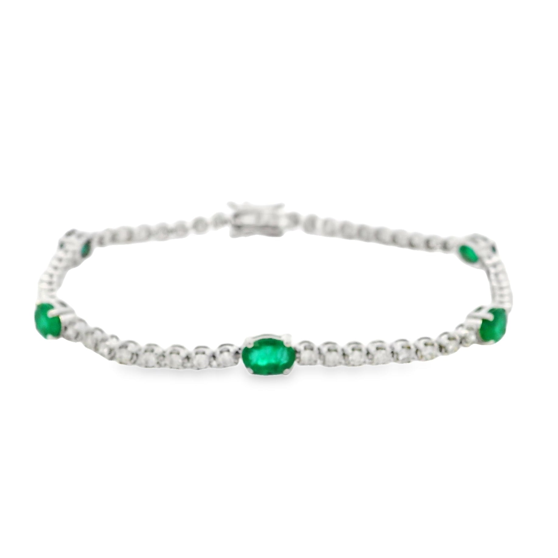14k White Gold 5.88ctw Oval Emerald and Round Brilliant Diamond Tennis Bracelet — reverse view