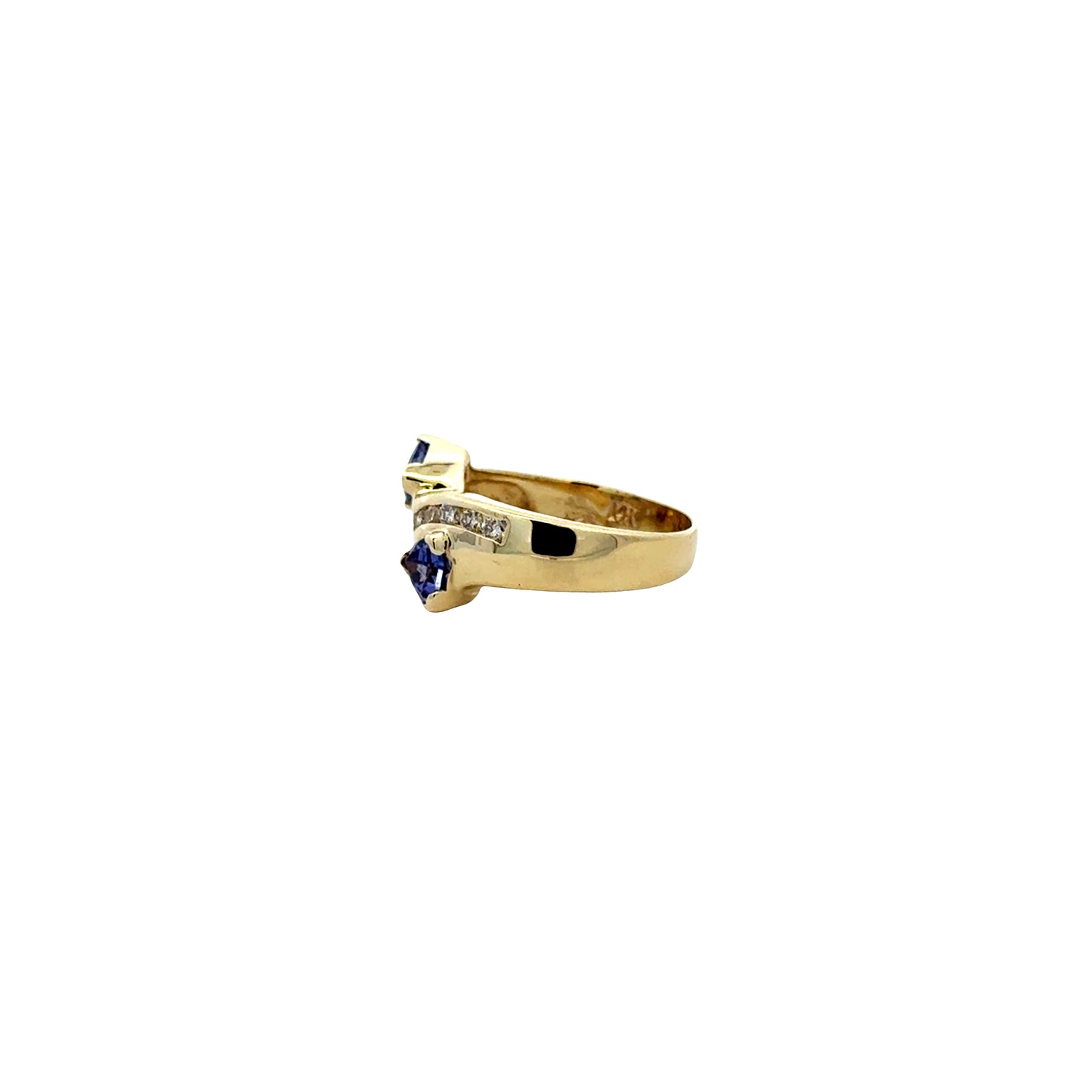 14k Yellow Gold Two-Stone Heart Tanzanite and 0.25ctw Diamond Ring — underside view