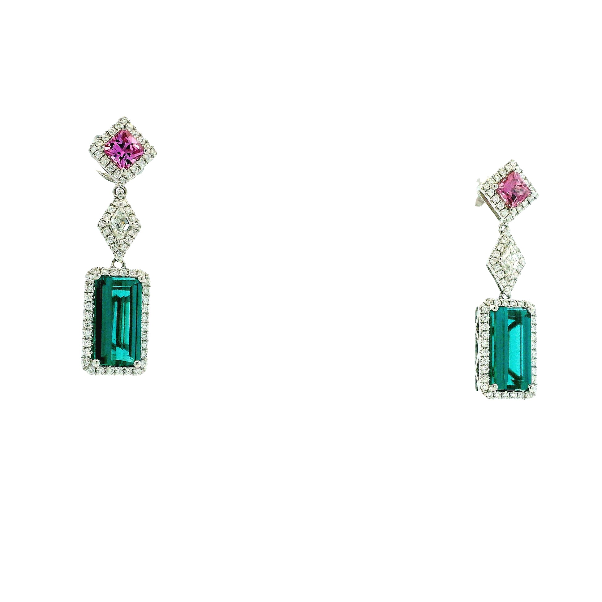 14k White Gold 6.52ctw Blue Tourmaline, Pink Sapphire, and Diamond Drop Earrings — reverse showing the back