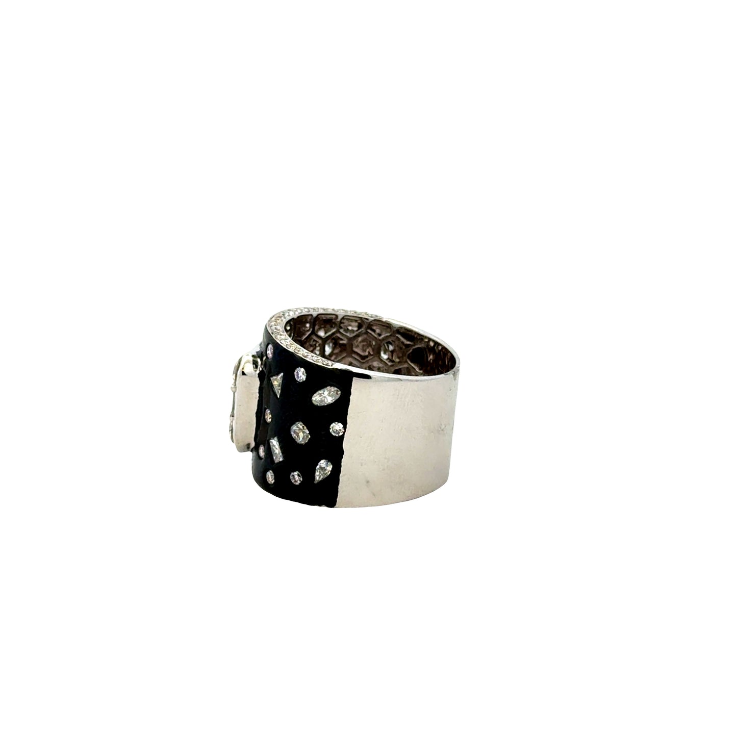 18k White Gold 2.75ctw Round Brilliant and Baguette Diamond Black Enamel Cocktail Ring — underside view