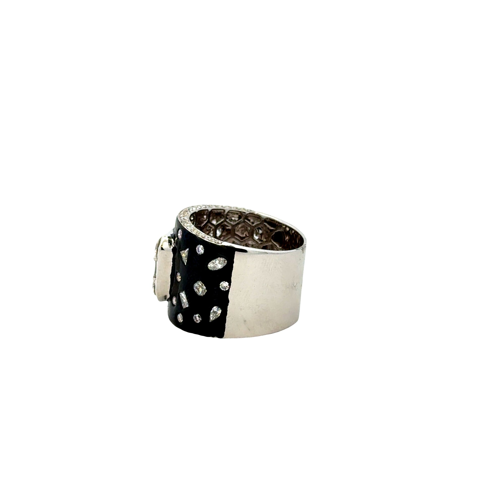 18k White Gold 2.75ctw Round Brilliant and Baguette Diamond Black Enamel Cocktail Ring — underside view