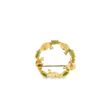 14k Yellow Gold Jade and Diamond Floral Wreath Brooch Pin — underside view