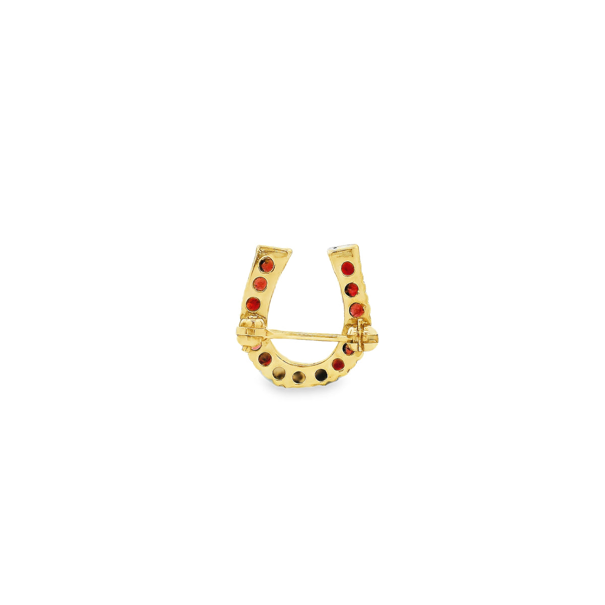 14k Yellow Gold Horseshoe Pavé Round Stone Brooch — underside view