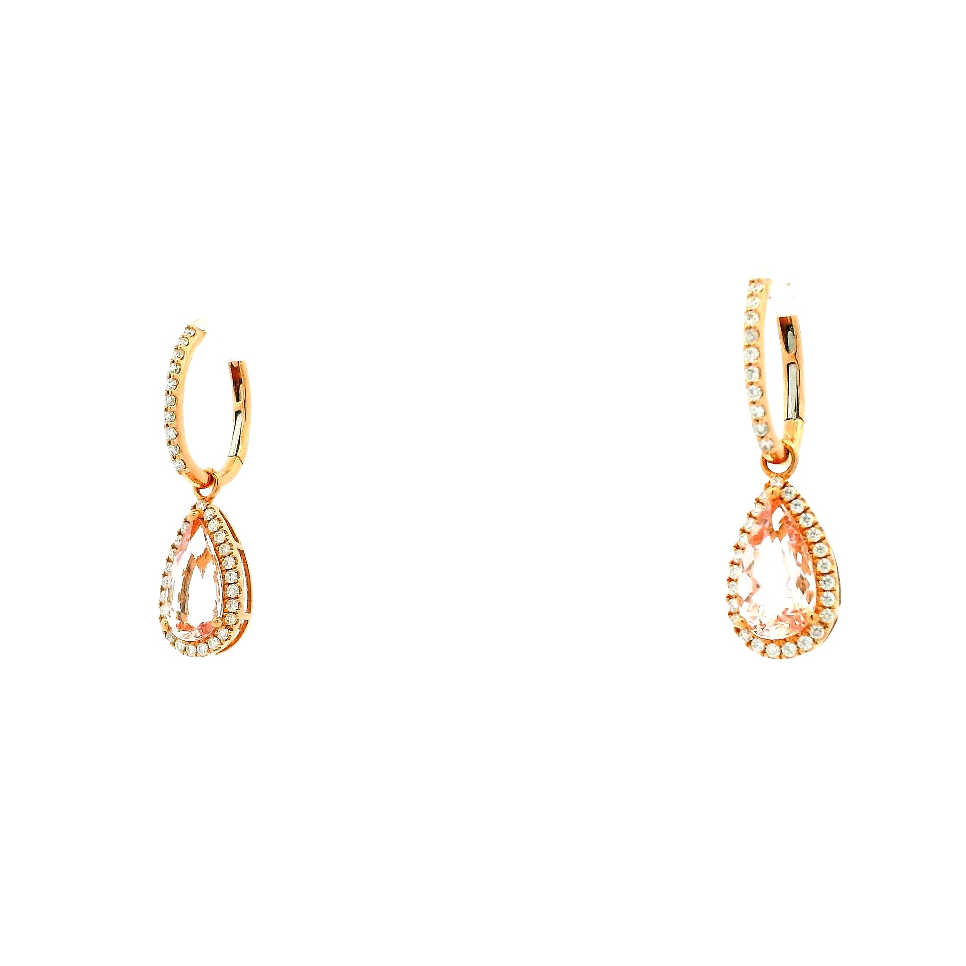 14k Rose Gold 3.44ctw Pear Cut Morganite and 0.49ctw Diamond Pavé Halo Drop Earrings — reverse showing the back