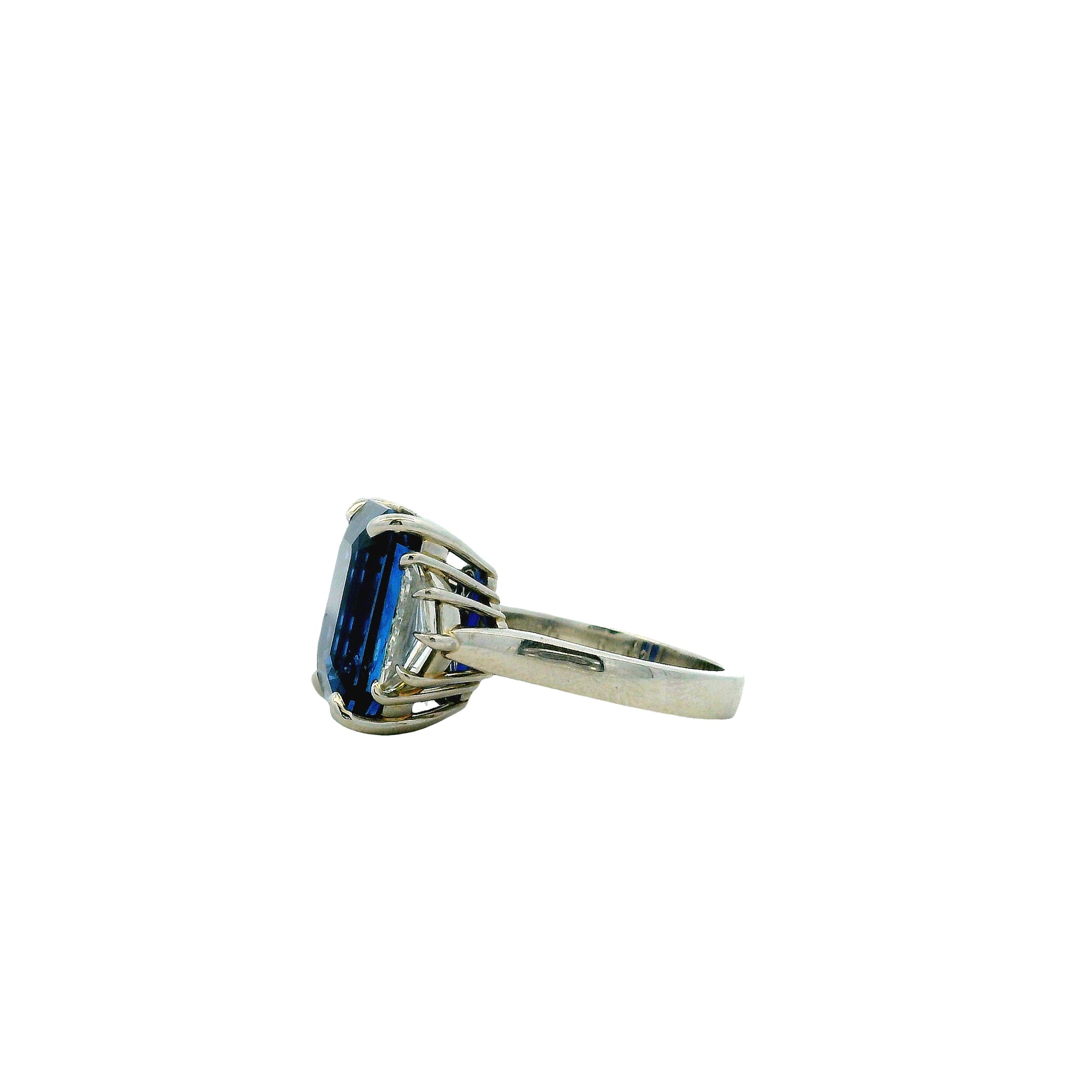 Platinum 10.15ct Emerald Cut Ceylon Royal Blue Sapphire and 0.82ctw Diamond Ring — underside view
