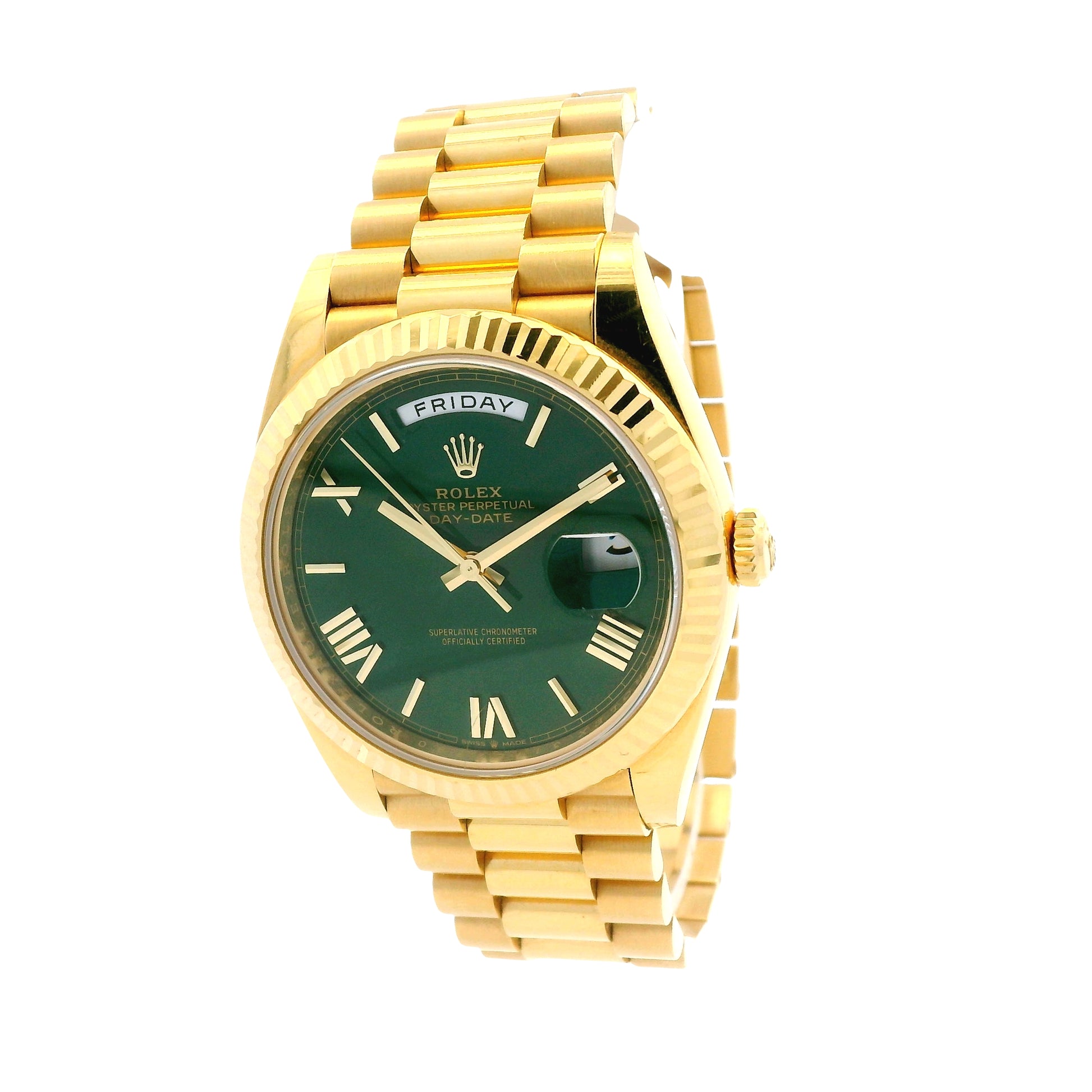 Rolex 228238 Day-Date 40 40mm Green Roman Dial 18k Yellow Gold Watch — caseback view
