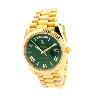 Rolex 228238 Day-Date 40 40mm Green Roman Dial 18k Yellow Gold Watch — caseback view