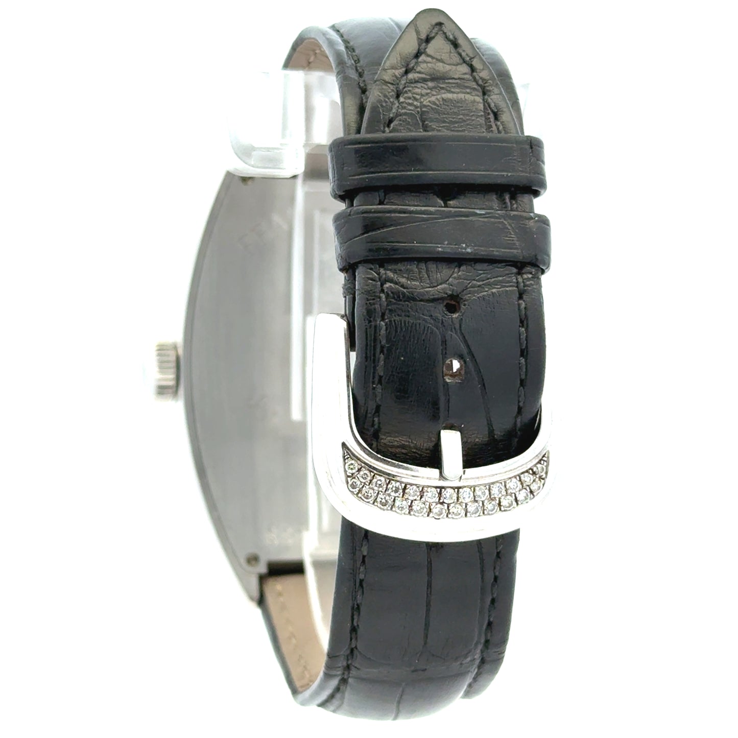 Franck Muller Casablanca 8880 Stainless Steel Diamond Dial & Bezel Black Leather Strap Watch — caseback view