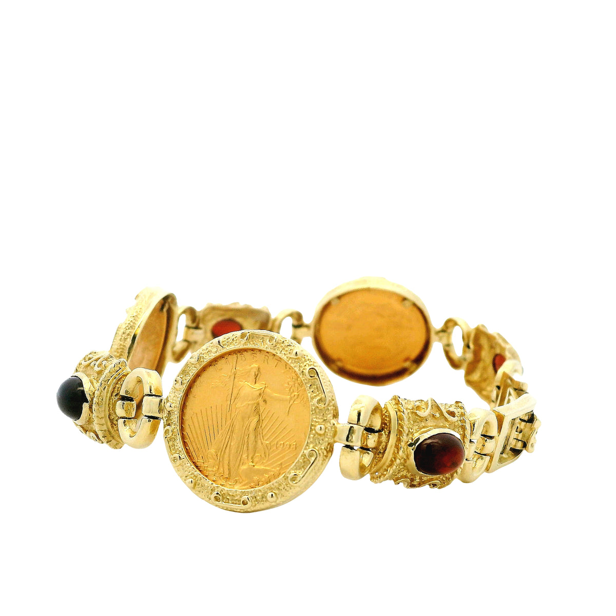 14k Yellow Gold American Eagle Coin Bracelet with Cabochon Gemstones — reverse view