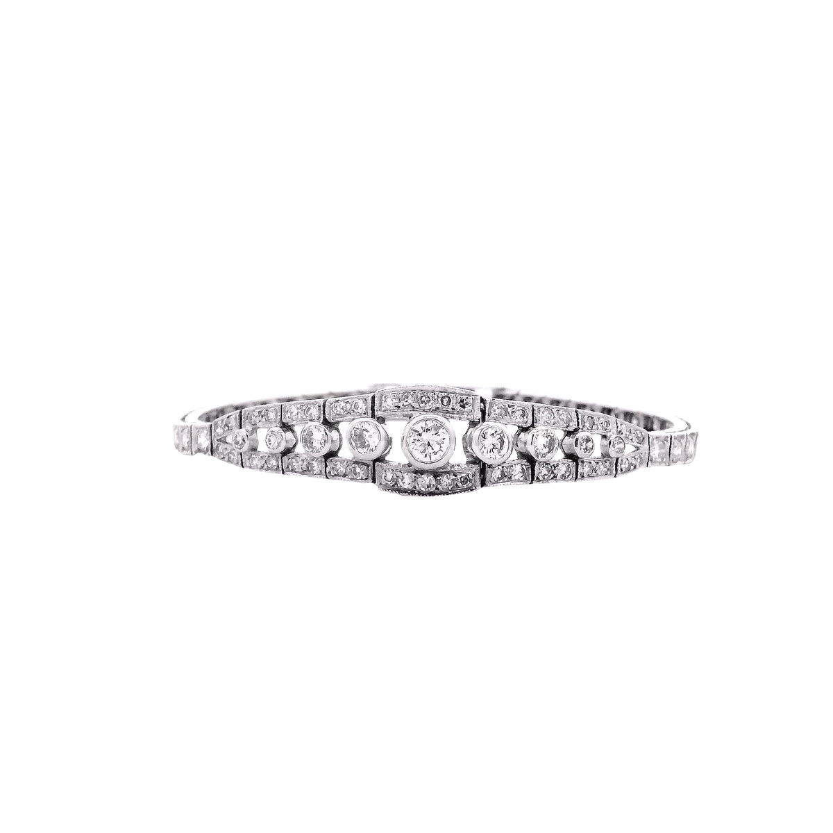 14k White Gold 2.50ctw Round Brilliant Diamond Art Deco Cluster Bracelet — reverse view