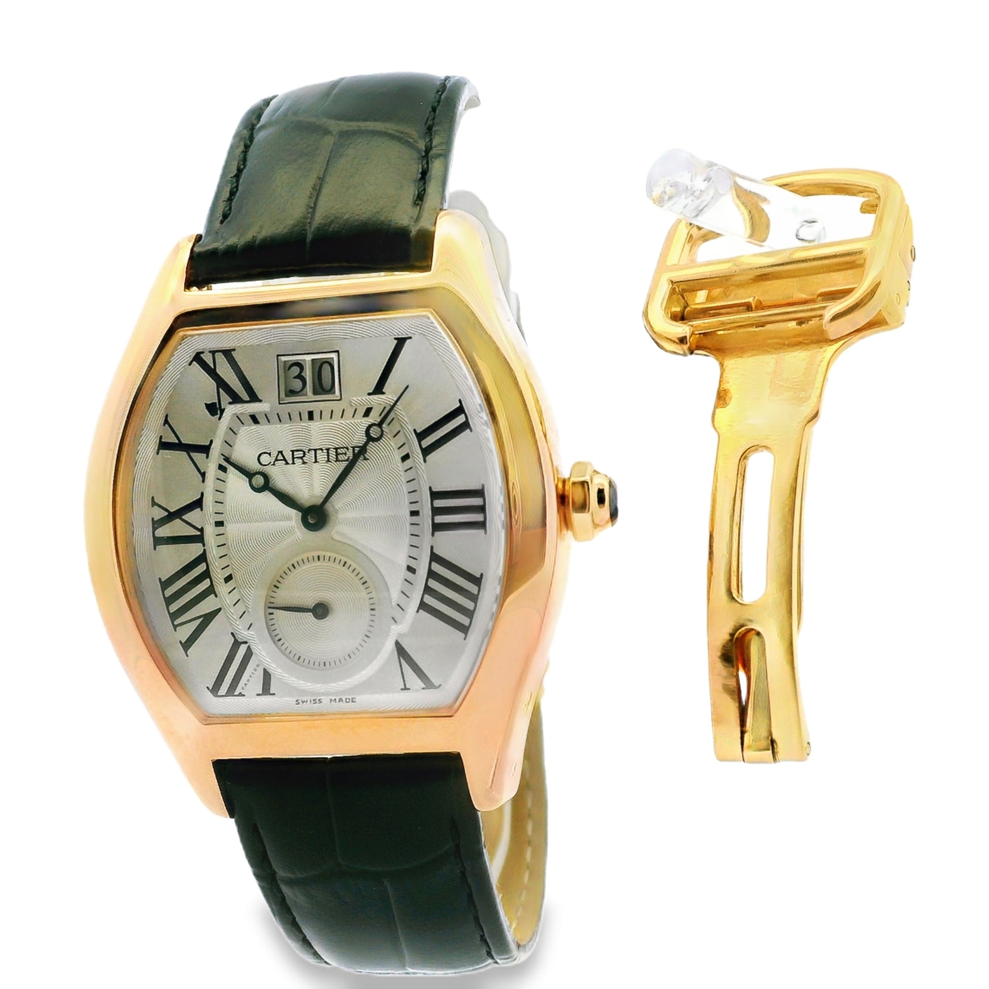 Cartier Tortue 18k Rose Gold 38mm Silver Dial Black Strap Watch — caseback view
