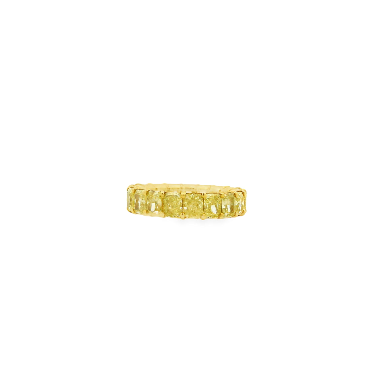 18k Yellow Gold 5.71ctw Radiant Cut Diamond Eternity Band Ring — worn on the finger