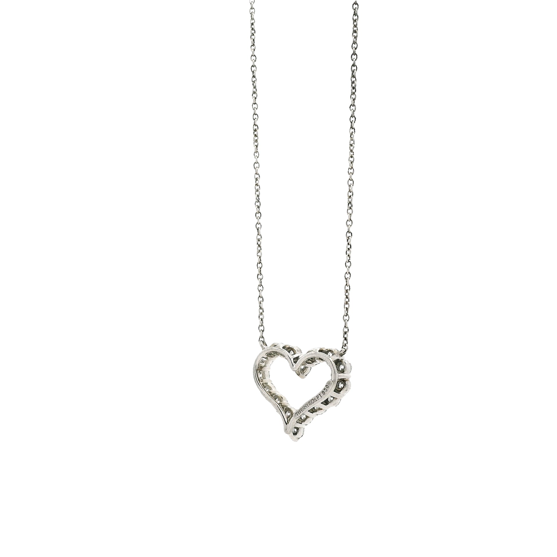 Tiffany & Co. Platinum 0.54ctw Round Brilliant Diamond Open Heart Pendant Necklace 16" — worn at the neckline