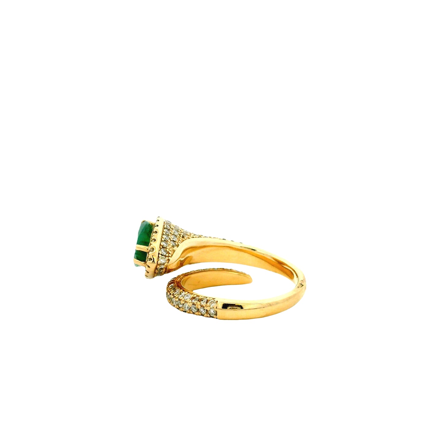 14k Yellow Gold 1.23ct Pear Cut Natural Emerald and 1.15ctw Diamond Halo Pavé Crossover Ring — worn on the finger