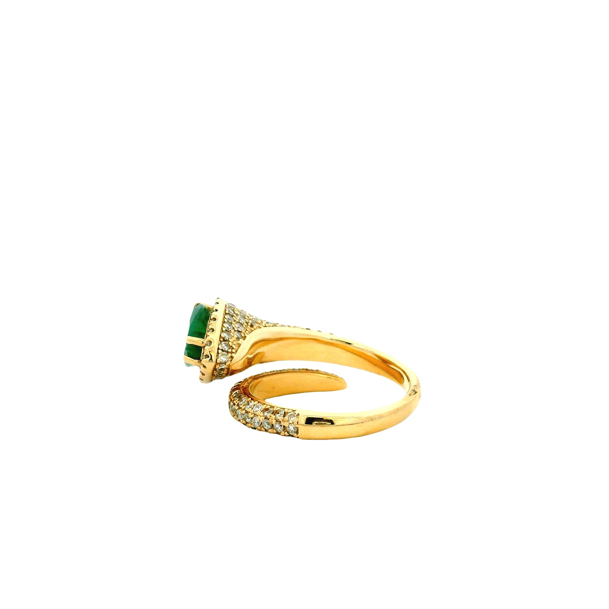 14k Yellow Gold 1.23ct Pear Cut Natural Emerald and 1.15ctw Diamond Halo Pavé Crossover Ring — worn on the finger