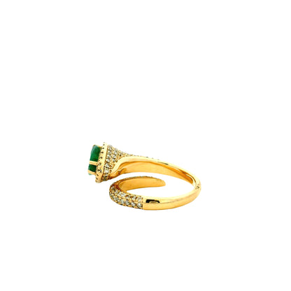 14k Yellow Gold 1.23ct Pear Cut Natural Emerald and 1.15ctw Diamond Halo Pavé Crossover Ring — worn on the finger