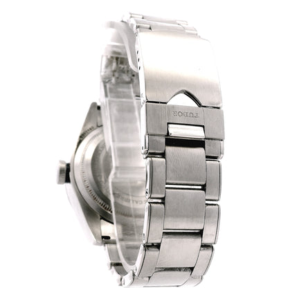 Tudor Heritage 41mm Black Dial Blue Rotating Bezel Stainless Steel Watch — worn on the wrist